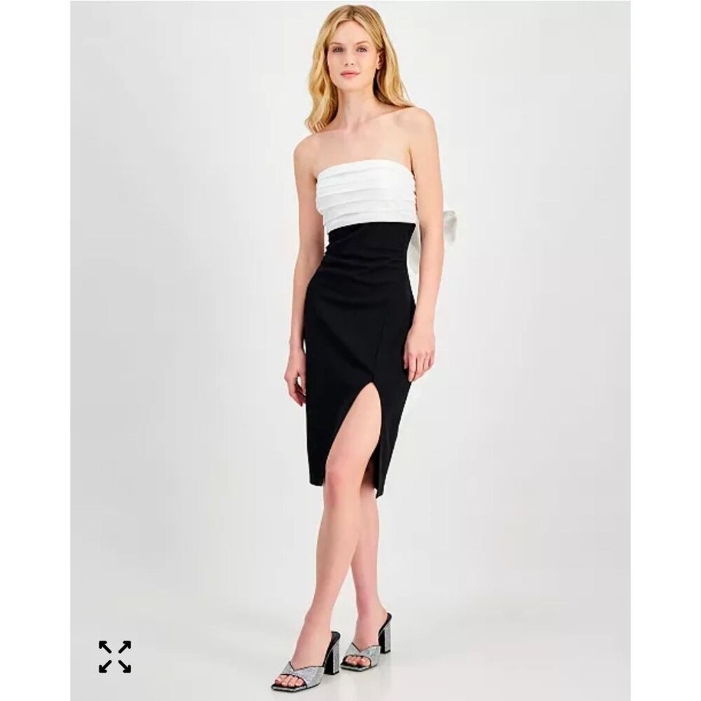Black & White Strapless Satin Dress By City Studio Size 13/14 With Bow Back Deta